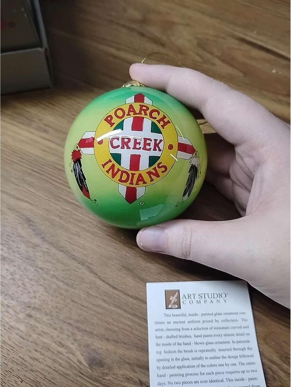 Hand Blown Art Glass Orb Christmas Ornament Ball Green Poarch Creek Indian